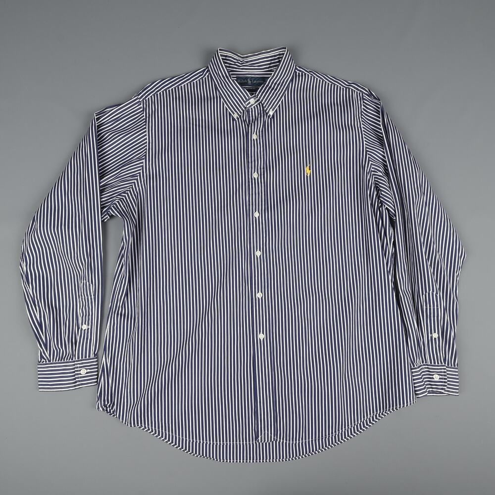 Ralph Lauren Mens XXL Custom Fit Button Down Long Sleeve Shirt Stipe Blue White